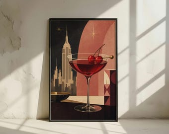 Manhattan Cocktail Art Print: New York Bar Postert, NYC Skyline Bar Decor (Digital Download)