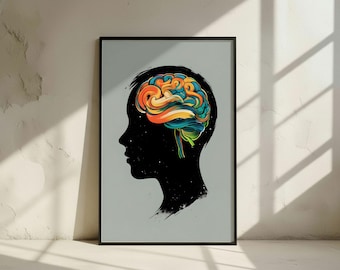 Kleurrijke hersenkunstprint | Modern geestsilhouet | Digitale muurkunst downloaden