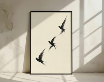 Flying Birds Sumi-e Print: Japanese Ink Swallows Art Poster, Minimalist Zen Wall Decor (Digital Download)