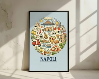 Napoli Italy Travel Poster - Naples Wall Art Illustration - Mount Vesuvius Pizza Vespa Art Print