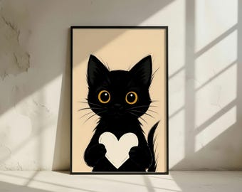 Süßes Schwarzes Katzen Poster – Kawaii Katze Print, Herz Kätzchen Kunst, Digitaler Download