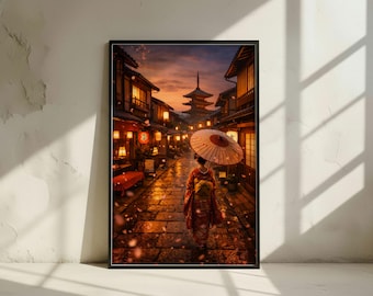 Japanese Street Wall Art - Kyoto Lantern Street Poster - Geisha Walking Print - Sakura Cherry Blossom