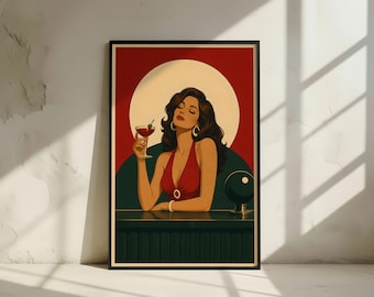Vintage Cocktail Woman Art Print: Retro Glam Bar Illustration, Martini Girl Poster (Digital Download)