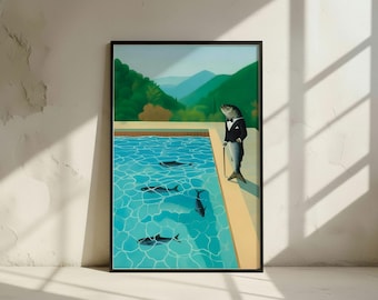 Surrealistische sardines zwembad Art Print | Modern surrealisme muurdecoratie | Eigenzinnige digitale download