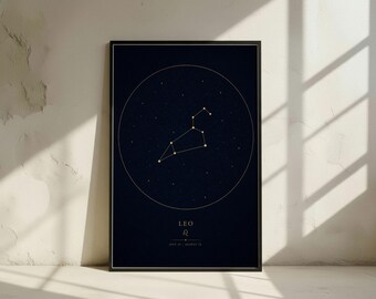 Kunstprint van het sterrenbeeld Leeuw: dierenriemkaart in marineblauw en goud, wanddecoratie als verjaardagscadeau voor Leeuw (digitale download)