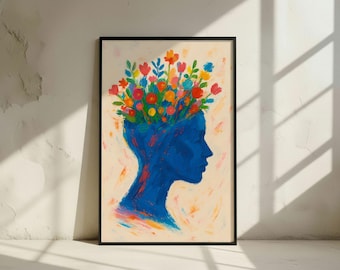 Mindful Flower Head Art | Mental Health Wall Art | Colorful Abstract Print | Digital Download