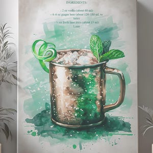 Moscow Mule Cocktail Art Print – Watercolor Drink Recipe Poster, Bar Cart Wall Decor, Bar Gift for Vodka Lovers, Happy Hour Sign