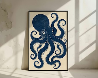 Octopus Art Print: Navy Blue Linocut Style Ocean Poster, Coastal Nautical Wall Decor (Digital Download)