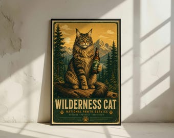 Maine Coon Cat Art Print: Vintage National Park Wilderness Poster, Funny Outdoor Cat Wall Decor (Digital Download)
