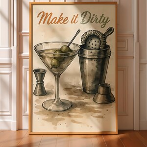Vintage Dirty Martini Cocktail Vertical Print - Vodka Drink Bar Wall Art for Bar Decor - Bar Cart Wall Decor - Make it Dirty Art Print