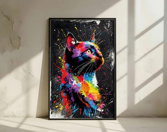 モダンポップアートの黒猫ウォールデコレーション｜トレンディな猫のプリント（デジタルダウンロード）