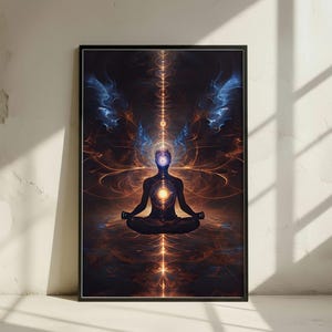 May include: Framed art print depicting a meditating figure in a lotus position. The artwork has a dark background with orange and blue fractal patterns, and a vertical line of light. The figure is silhouetted.