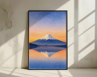 Mount Fuji Wall Art: Japanese Watercolor, Sunrise Reflection (Digital Download)