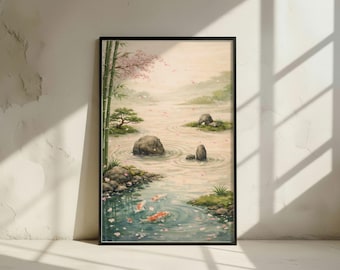 Japanese Zen Garden Wall Art Printable - Koi Fish Sakura Landscape - Calm Asian Decor