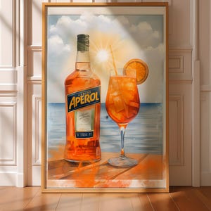 Aperol Spritz Vertikales Poster | Sommer-Cocktail-Wandkunst | Italienischer Getränke-Küchendruck | Lebendiges Bar-Dekor | Strand-Aperitif-Illustration