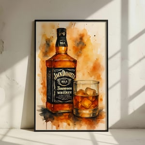 Può includere: Stampa artistica ad acquerello con una bottiglia di Jack Daniel's Tennessee Whiskey e un bicchiere di whisky con cubetti di ghiaccio. L'opera incorniciata utilizza una calda tavolozza di colori.