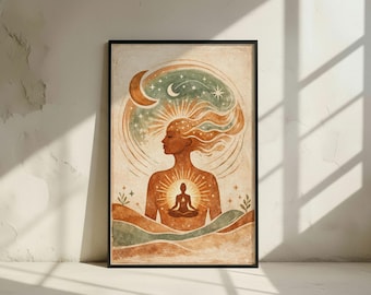 Meditation Woman Wall Art: Moon Sun Abstract Art - Mindfulness Decor - Yoga Digital Download
