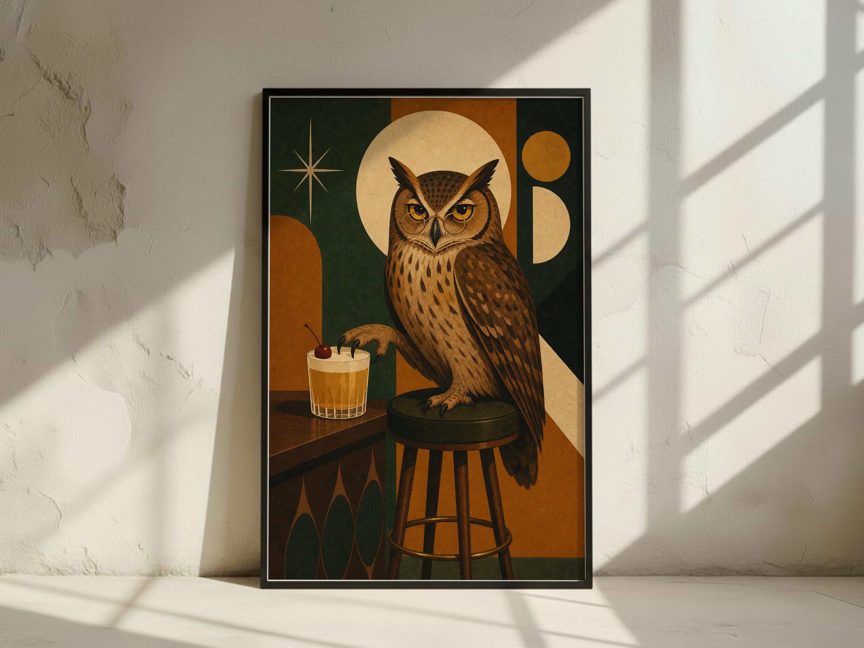 Mid Century Owl Whiskey Sour Art Print: Moody Bar Cocktail Bird Decor (Digital Download)
