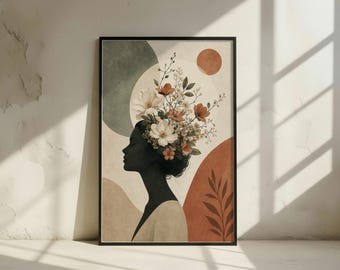 Floral Silhouette Woman Art Print: Boho Bedroom Wall Decor, Minimalist Floral (Digital Download)