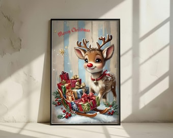 Jultryck med Rudolf-ren: Vintage juldekoration (digital nedladdning)