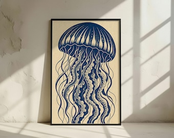 Navy Blue Jellyfish Linocut Print: Vintage Ocean Coastal Wall Art (Digital Download)