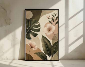Monstera Leaf Botanical Print: Blush Pink Floral Boho Wall Art (Digital Download)