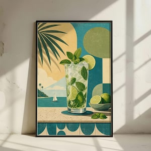 Könnte beinhalten: Ein gerahmter Kunstdruck mit einem erfrischenden Mojito-Cocktail. Die Illustration zeigt ein hohes Glas gefüllt mit Eis, Minze und Limette, vor einer tropischen Strandszene mit einem Segelboot und Palmen. Die Farbpalette umfasst Blau-, Grün- und Beigetöne.