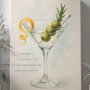 Retro Dry Martini Cocktail Recipe – Classic Gin Drink Wall Art, Bar Cart Decor, Watercolor Martini Poster, Dry Martini Cocktail Art Print