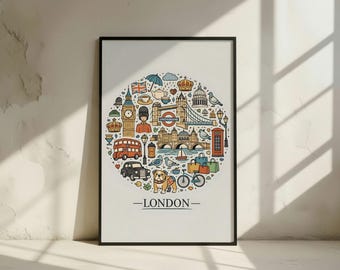 London Travel Poster - Big Ben Tower Bridge Print - UK City Decor