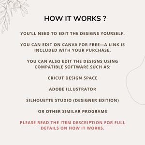 May include: Text explaining how to edit digital designs. You'll need to edit the designs yourself. You can edit on Canva for free - a link is included with your purchase. You can also edit the designs using compatible software such as Cricut Design Space, Adobe Illustrator, Silhouette Studio (Designer Edition), or other similar programs. Please read the item description for full details on how it works.