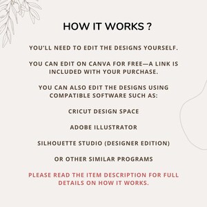 May include: A cream-colored graphic with the text "HOW IT WORKS?" and instructions for editing designs. It lists compatible software like Cricut Design Space and Adobe Illustrator. The text also mentions editing on Canva for free.