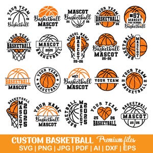 May include: A collection of basketball-themed designs in orange and black. The designs include basketballs, hoops, and text such as "Mascot," "Your Team," and "Basketball." The bottom of the image reads "Custom Basketball Premium files."