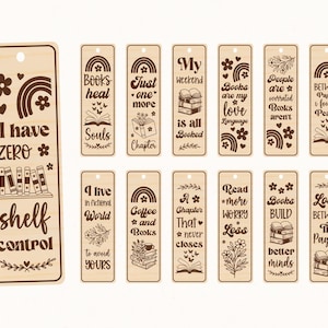May include: A collection of wooden bookmarks with various engraved designs and quotes. The bookmarks feature floral and rainbow motifs, along with phrases like "I have zero shelf control" and "Books are my love."