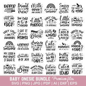 Puede incluir: Colección de diseños en blanco y negro para bodies de bebé, con frases como "Little Miracle", "Daddy's Princess" y "Future Heartbreaker". Ideal para regalos de baby shower o para personalizar la ropa de bebé.