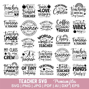 以下が含まれることがあります： さまざまな引用句やグラフィックを使用した、教師をテーマにした白黒のSVGデザインのコレクションです。「Teacher Fuel」、「Best Teacher Ever」、「Shaping Minds Daily」などのフレーズが含まれています。画像の下部にはファイルタイプの情報が表示されます。