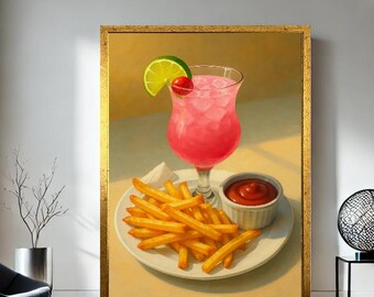 Pink Cocktail and Fries Canvas Art, Retro Kitchen Decor