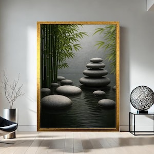 Zen Stones and Bamboo Canvas, Tranquil Nature Wall Art, Meditation Room Print, Canvas Wall Art Print, Ready to Hang, Peaceful Home Decor