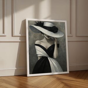 Elegant Woman in Hat Canvas Wall Art Print | Monochrome Living Room Decor | Statement Piece