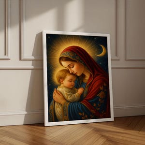 Radiant Mary and Child Canvas Wall Art Print | Spiritual Living Room Decor | Statement Piece