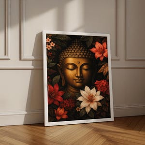Golden Buddha Canvas Art, Spiritual Zen Wall Decor, Floral Meditation Artwork, Black Frame Options, Canvas Wall Art Print Home Decor Gift