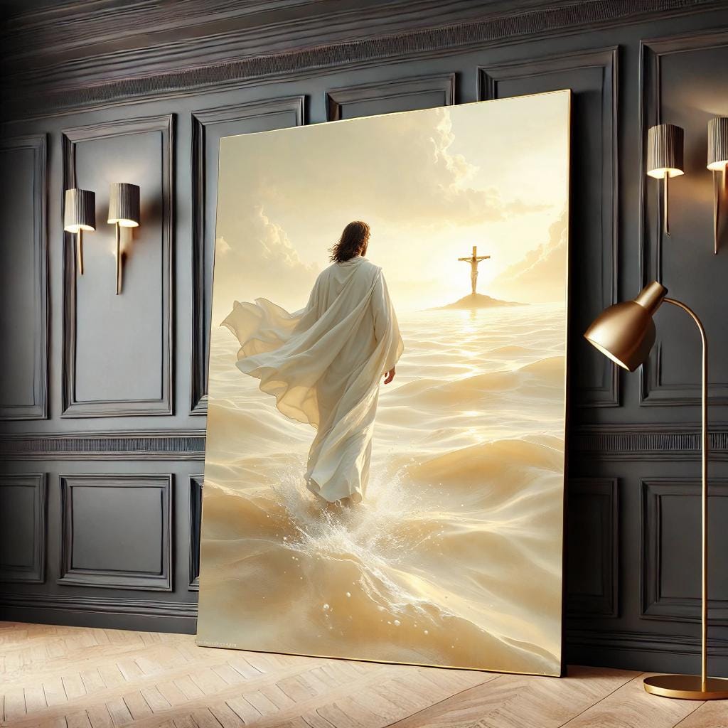 Jesus Walking on Water Canvas Wall Art Print – Christian Religious Ocean Painting for Faithful Home Decor
