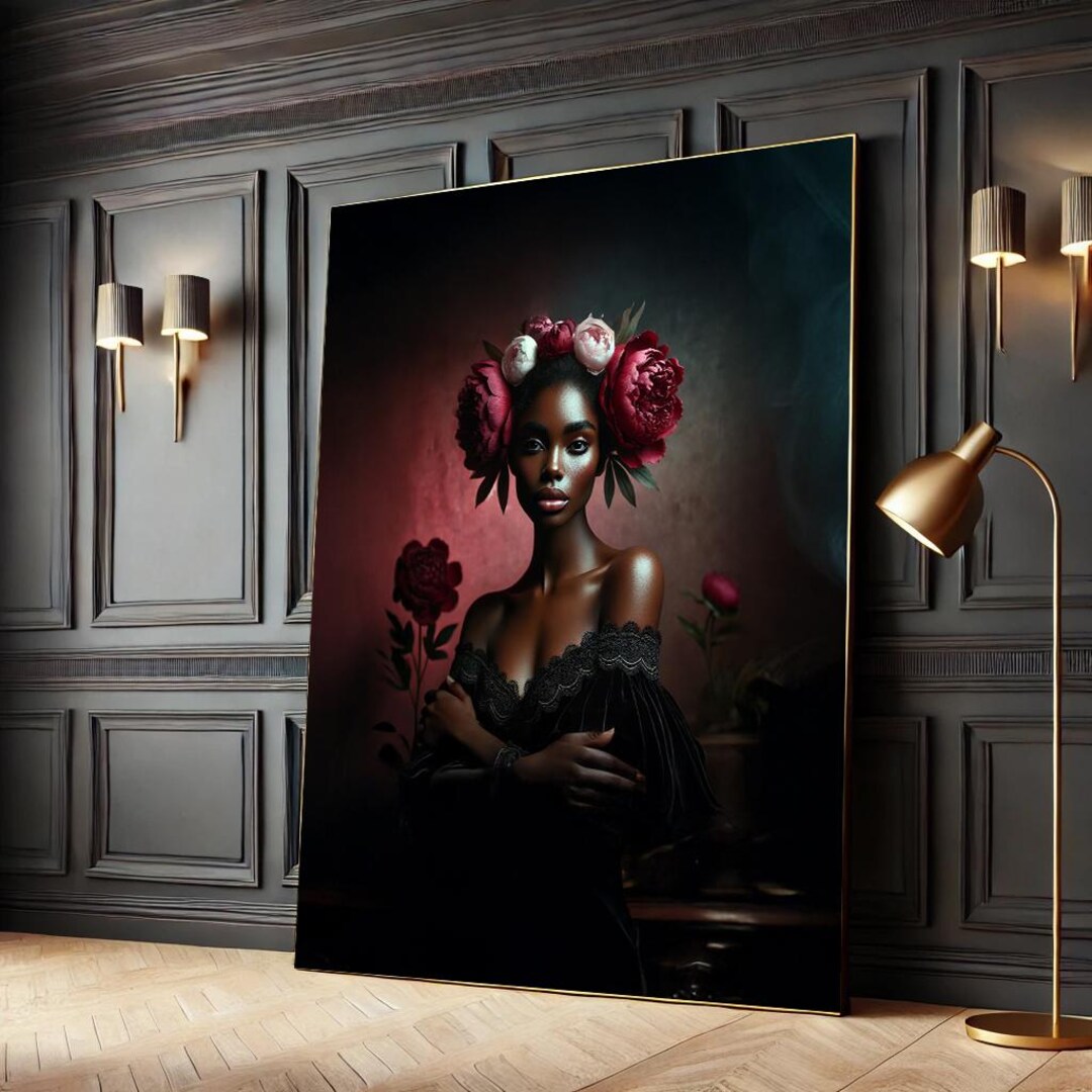 Black Woman Floral Portrait Canvas – Afrocentric Wall Art, Elegant Dark ...