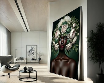 Black Woman Floral Crown Canvas Art – Afrocentric Portrait Home Decor