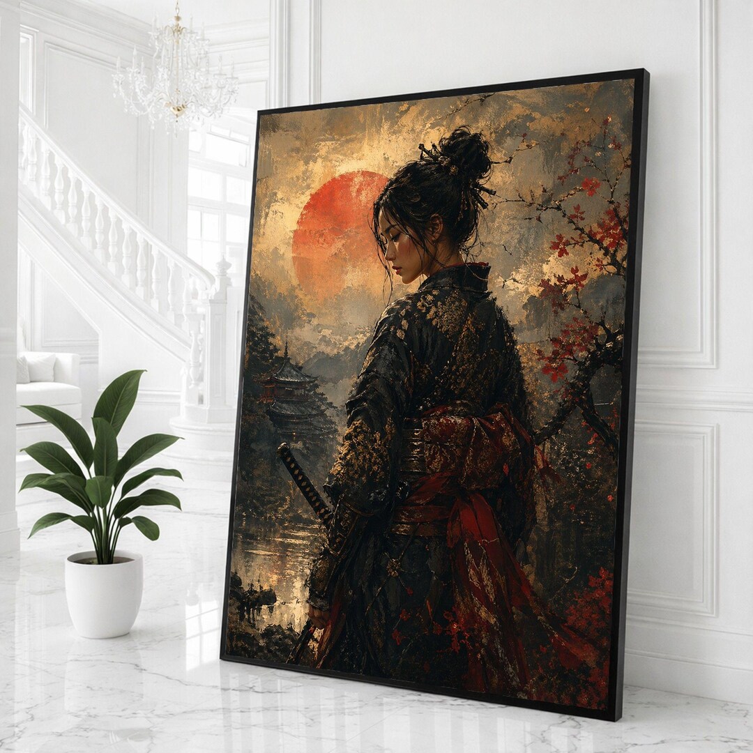 Japanese Samurai Woman Framed Wall Art, Red Gold Kimono Canvas Print ...
