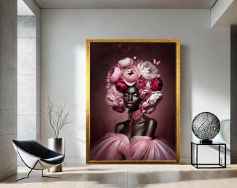 Könnte beinhalten: Ein Porträt einer Person mit dunkler Haut, die eine Krone aus rosa Blumen trägt. Die Person trägt ein rosa Kleid und hat einen dunklen Hintergrund.