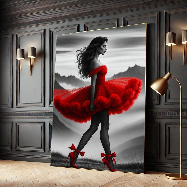 Red Dress Woman Art Print | Elegant Canvas Wall Decor - Etsy