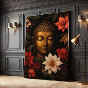 Golden Buddha Canvas Art, Spiritual Zen Wall Decor, Floral Meditation Artwork, Black Frame Options, Canvas Wall Art Print Home Decor Gift