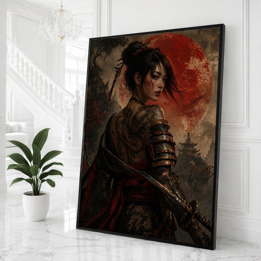 Japanese Warrior Woman Framed Wall Art, Red Moon Tattoo Canvas Print ...