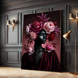 Arte floreale audace di una donna, stampa da parete di bellezza oscura, copricapo di peonia vibrante, decorazione in tela alla moda