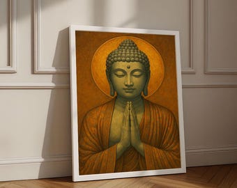 May include: A framed artwork featuring a serene Buddha image. The Buddha is depicted with a green complexion, hands in prayer, and a golden halo against a warm orange background. The artwork is encased in a white frame, leaning against a wall.